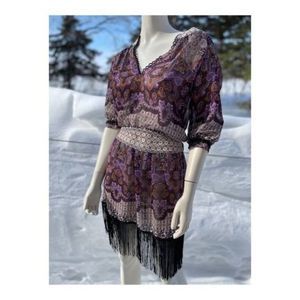 Blue Crush BOHO Tunic Dress Drop Waist Fringe Sheer Mix Print 3/4 Sleeve Purple